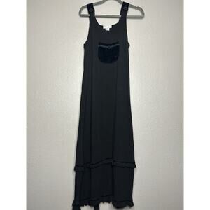 F.L. Malik Sleeveless Button Velvet Detail Tiered Vintage Dress Black Size Sm